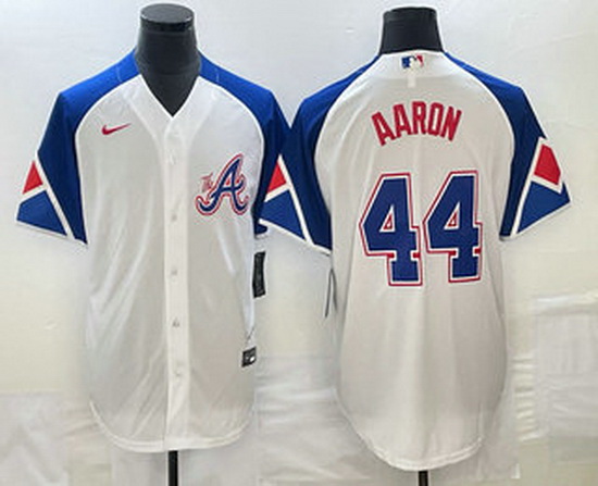 Men's Atlanta Braves #44 Hank Aaron White 2023 City Connect Cool Base Stitched Jersey