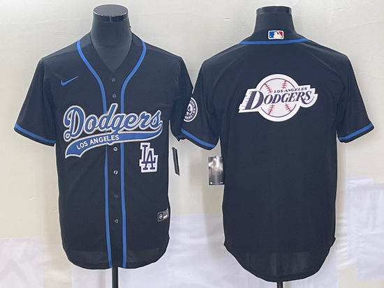 Men's Los Angeles Dodgers Black Team Big Logo With Patch Cool Base Stitched Baseball Jersey2