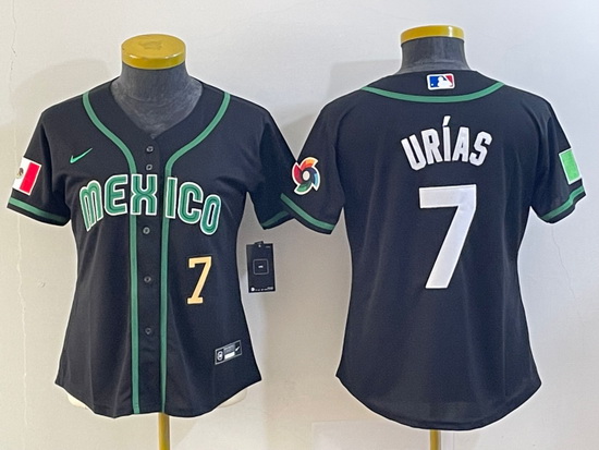 Women's Mexico Baseball #7 Julio Urias Number 2023 Black World C