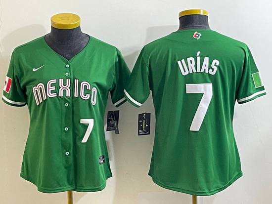 Women's Mexico Baseball #7 Julio Urias Number 2023 Green World Classic Stitched Jersey3