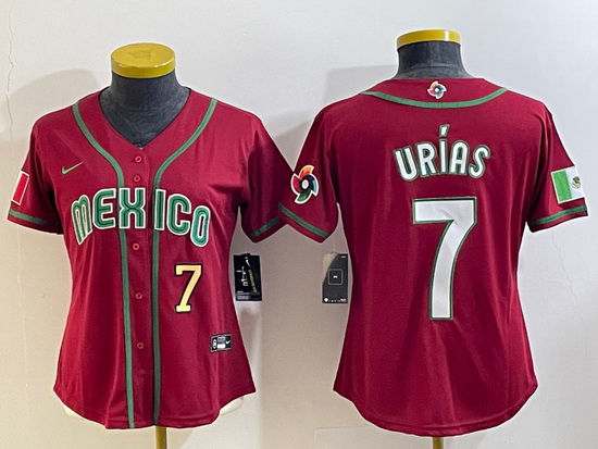 Women's Mexico Baseball #7 Julio Urias Number 2023 Red World Bas