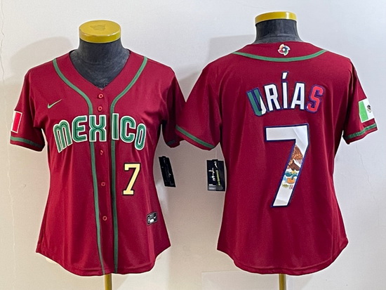 Women's Mexico Baseball #7 Julio Urias Number 2023 Red World Baseball Classic Stitched Jersey6