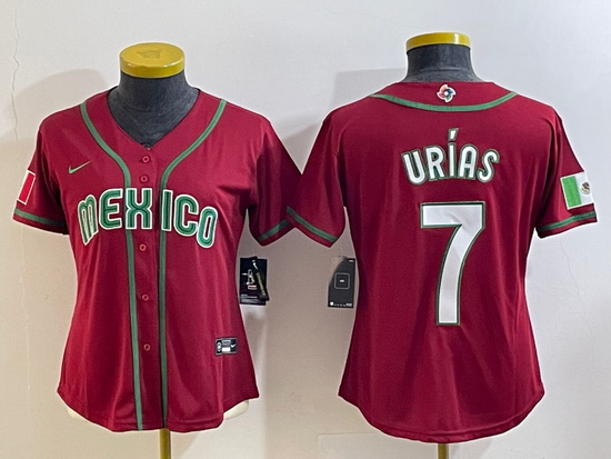 Women's Mexico Baseball #7 Julio Urias Number 2023 Red World Baseball Classic Stitched Jersey12