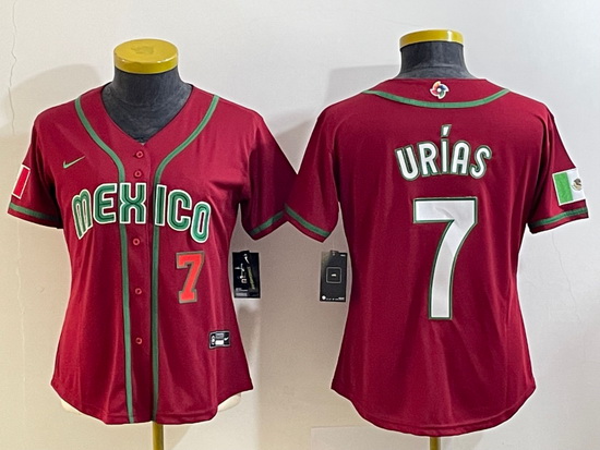 Women's Mexico Baseball #7 Julio Urias Number 2023 Red World Baseball Classic Stitched Jerseys