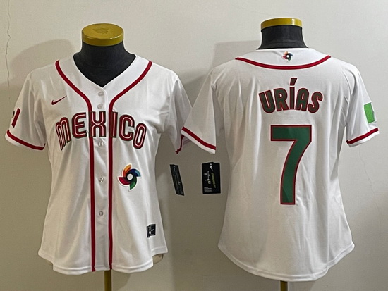 Women's Mexico Baseball #7 Julio Urias Number 2023 White World Classic Stitched Jersey9