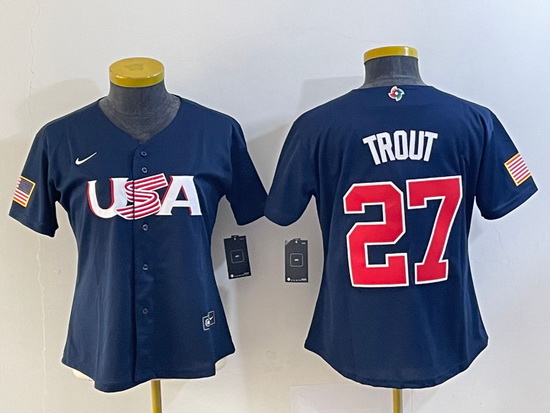 Women's USA Baseball #27 Mike Trout Number 2023 Navy World Classic Stitched Jersey1