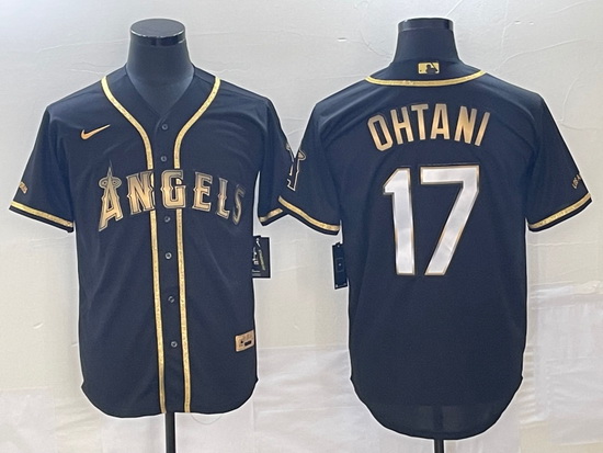 Men's Los Angeles Angels #17 Shohei Ohtani Black Gold Stitched M