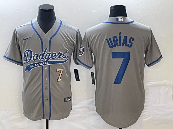 Men's Los Angeles Dodgers #7 Julio Urias Number Grey With Patch Cool Base Stitched Baseball Jersey