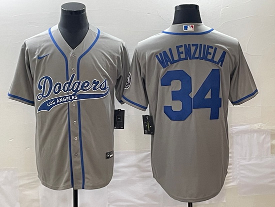 Men's Los Angeles Dodgers #34 Fernando Valenzuela Grey With Patch Cool Base Stitched Baseball Jersey