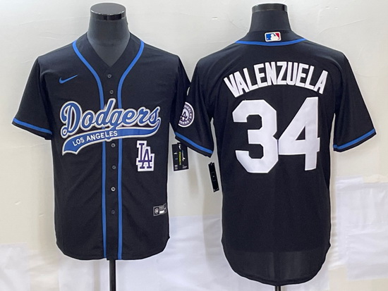 Men's Los Angeles Dodgers #34 Fernando Valenzuela Black With Patch Cool Base Stitched Baseball Jerse