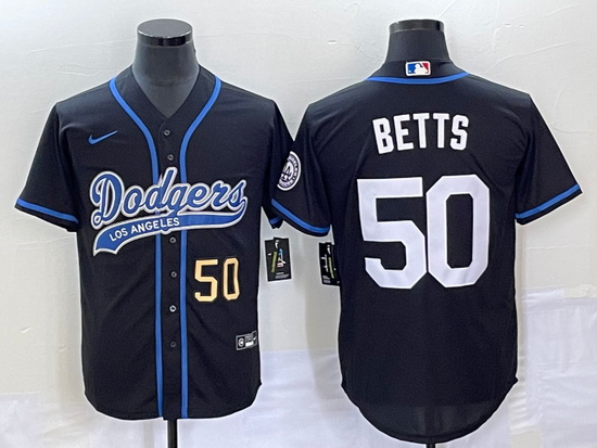 Men's Los Angeles Dodgers #50 Mookie Betts Number Black With Patch Cool Base Stitched Baseball Jerse