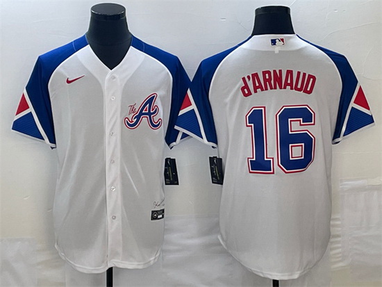 Men Atlanta Braves 16 Travis D 27Arnaud White 2023 City Connect Cool Base Stitched Baseball Jersey