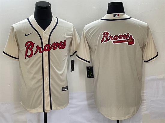 Men Atlanta Braves Cream Team Big Logo Cool Base Stitched Baseball Jersey