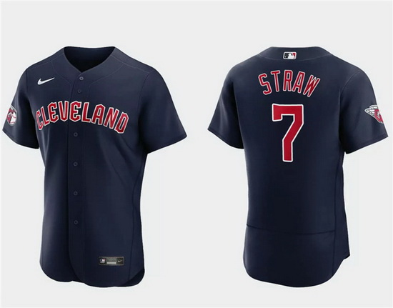 Men Cleveland Guardians 7 Myles Straw Navy Flex Base Stitched Jersey