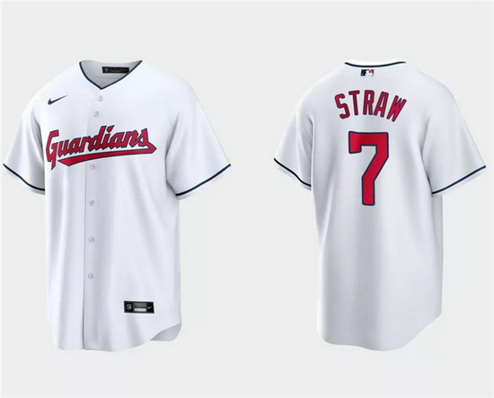 Men Cleveland Guardians 7 Myles Straw White Cool Base Stitched Jersey