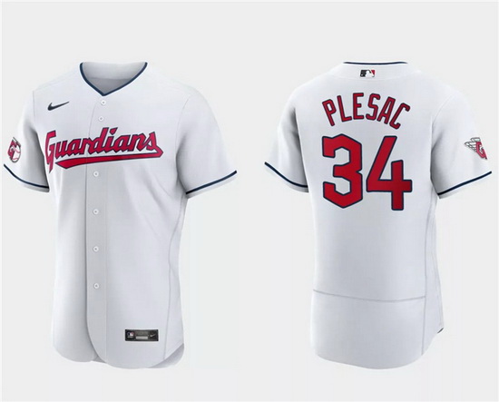 Men Cleveland Guardians 34 Zach Plesac White Flex Base Stitched Jersey