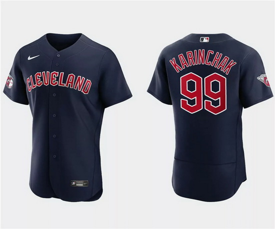 Men Cleveland Guardians 99 James Karinchak Navy Flex Base Stitched Jersey