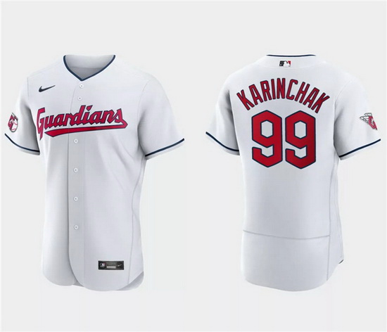 Men Cleveland Guardians 99 James Karinchak White Flex Base Stitched Jersey