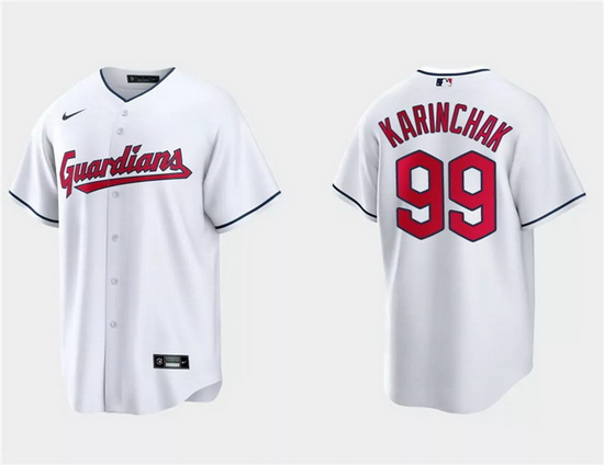 Men Cleveland Guardians 99James Karinchak White Cool Base Stitched Jersey