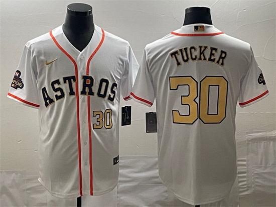 Men Houston Astros 30 Kyle Tucker White 2023 Gold Collection With World Serise Champions Patch Cool 