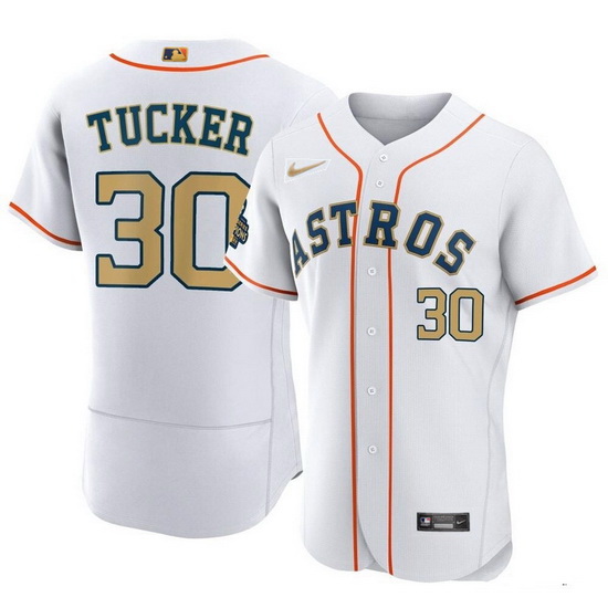 Men Houston Astros 30 Kyle Tucker White 2023 Gold Collection With World Serise Champions Patch Stitc