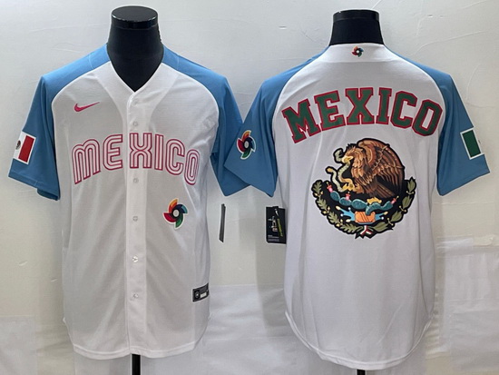 Men Mexico Baseball 2023 White Blue Team Big Logo World Baseball Classic Stitched Jersey