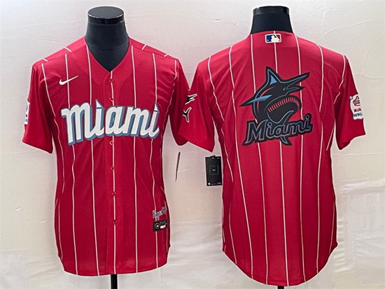 Men Miami Marlins Red Team Big Logo Cool Base Stitched Baseball Jersey