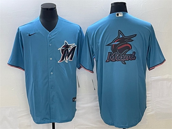 Men Miami Marlins Blue Team Big Logo Cool Base Stitched Baseball Jersey