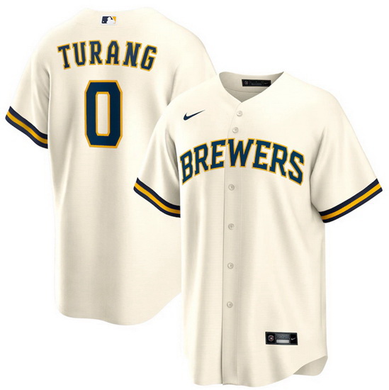 Men Milwaukee Brewers 0 Brice Turang Cream Cool Base Stitched Jersey