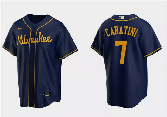 Men Milwaukee Brewers 7 Victor Caratini Navy Cool Base Stitched Jersey