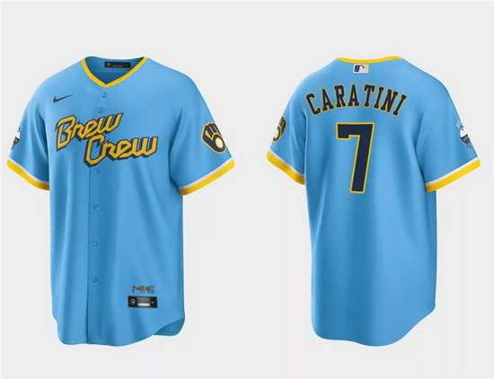 Men Milwaukee Brewers 7 Victor Caratini Powder Blue 2022 City Connect Cool Base Stitched Jersey