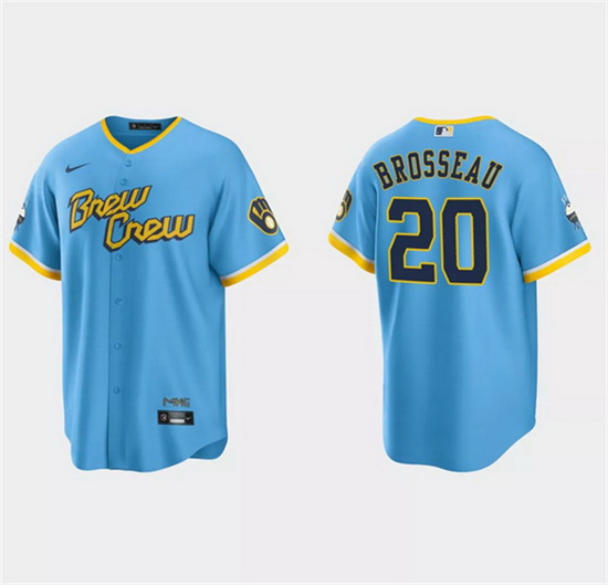 Men Milwaukee Brewers 20 Mike Brosseau Powder Blue 2022 City Connect Cool Base Stitched Jersey