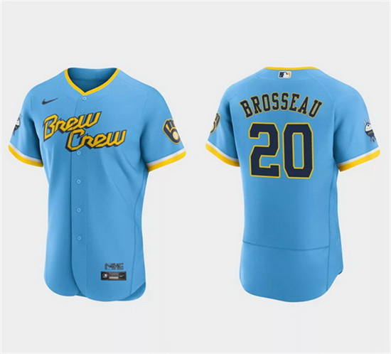 Men Milwaukee Brewers 20 Mike Brosseau Powder Blue 2022 City Connect Flex Base Stitched Baseball Jer