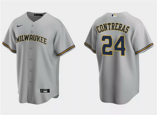 Men Milwaukee Brewers 24 William Contreras Grey Cool Base Stitched Jersey