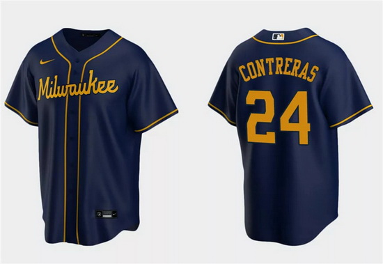 Men Milwaukee Brewers 24 William Contreras Navy Cool Base Stitched Jersey