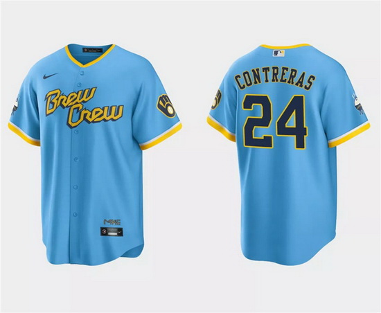 Men Milwaukee Brewers 24 William Contreras Powder Blue 2022 City Connect Cool Base Stitched Jersey