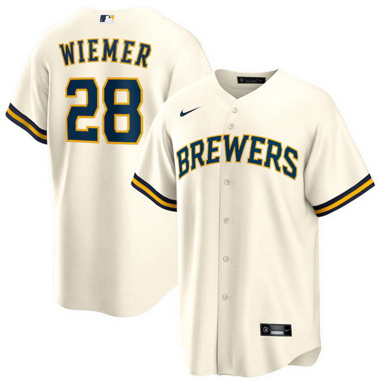 Men Milwaukee Brewers 28 Joey Wiemer Cream Cool Base Stitched Jersey