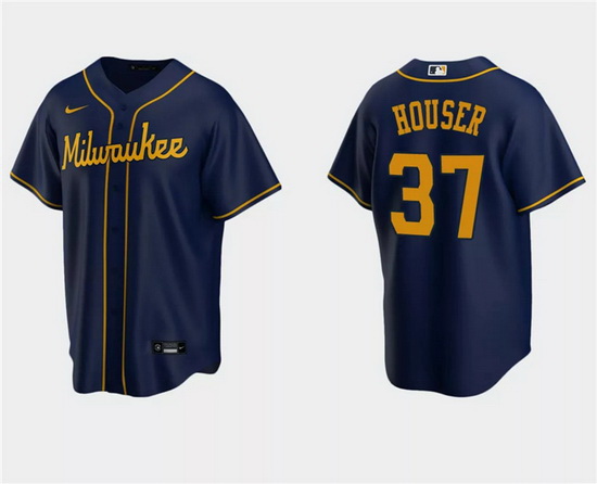 Men Milwaukee Brewers 37 Adrian Houser Navy Cool Base Stitched Jersey