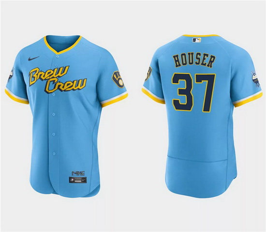 Men Milwaukee Brewers 37 Adrian Houser Powder Blue 2022 City Connect Flex Base Stitched MLB Jersey