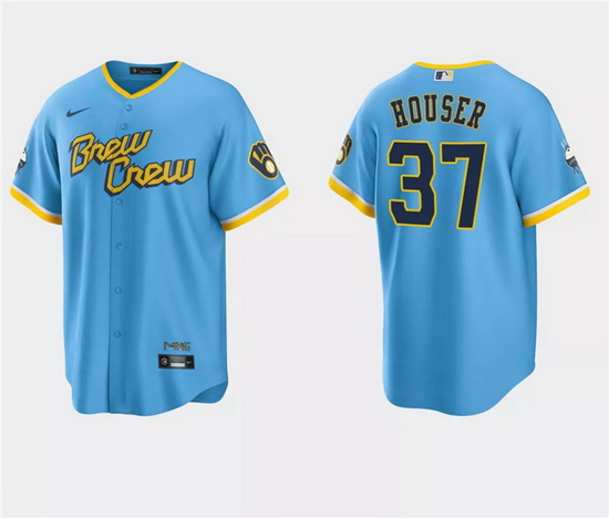 Men Milwaukee Brewers 37 Adrian Houser Powder Blue City Connect Cool Base Stitched Jersey