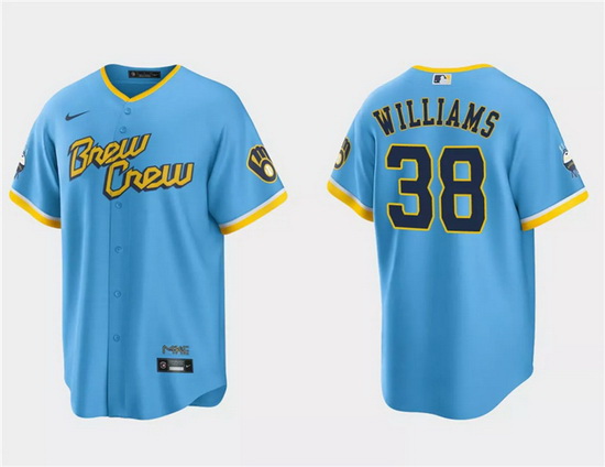 Men Milwaukee Brewers 38 Devin Williams Powder Blue 2022 City Connect Cool Base Stitched Jersey