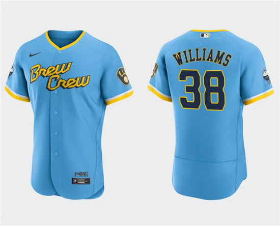 Men Milwaukee Brewers 38 Devin Williams Powder Blue 2022 City Connect Flex Base Stitched MLB Jersey