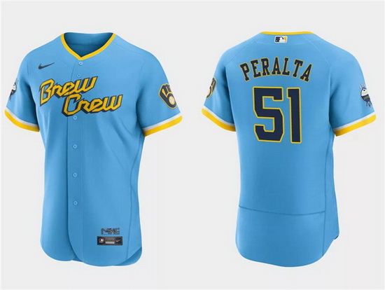 Men Milwaukee Brewers 51 Freddy Peralta Powder Blue 2022 City Connect Flex Base Stitched MLB Jersey