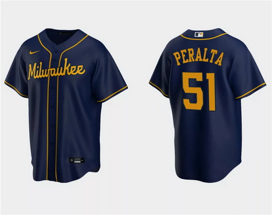 Men Milwaukee Brewers 51 Freddy Peralta Navy Cool Base Stitched Jersey