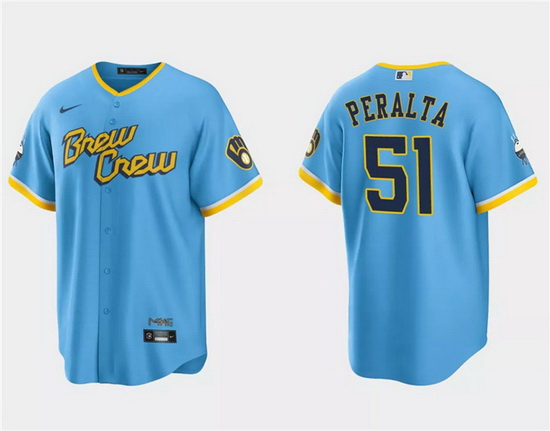 Men Milwaukee Brewers 51 Freddy Peralta Powder Blue City Connect Cool Base Stitched Jersey