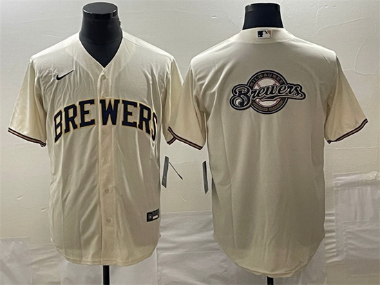 Men Milwaukee Brewers Cream Team Big Logo Cool Base Stitched Jersey