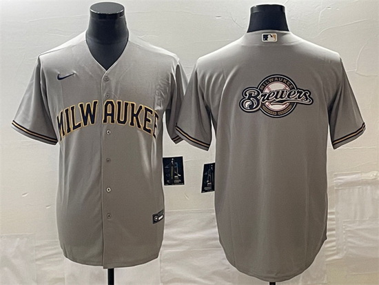 Men Milwaukee Brewers Gray Team Big Logo Cool Base Stitched Jersey