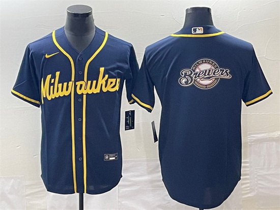 Men Milwaukee Brewers Navy Team Big Logo Cool Base Stitched Jersey