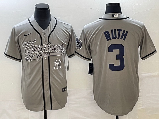 Men New York Yankees 3 Babe Ruth Gray With Patch Cool Base Stitched Baseball Jersey