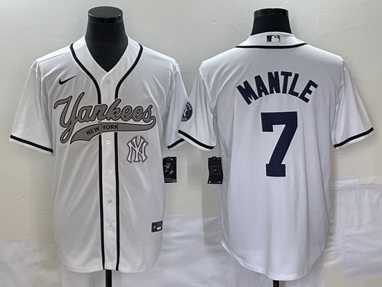 Men New York Yankees 7 Mickey Mantle White With Patch Cool Base Stitched Baseball Jersey